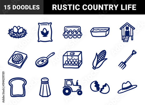 Hand-drawn rustic farm and breakfast elements for organic branding. Naive marker sketch illustrations featuring poultry farming and country life concepts.