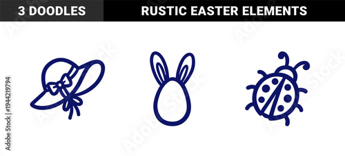 Hand-drawn spring and Easter line art elements for seasonal branding. Rustic naive marker sketch featuring bunny ears egg, sun hat, and ladybug.
