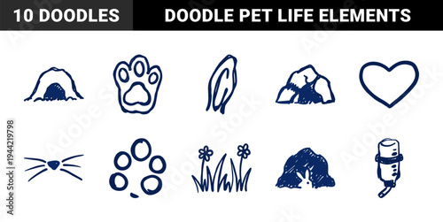 Rabbit care and bunny life elements for organic brand identity. Rustic, naive marker sketch doodle featuring pet hutch and nature concepts.