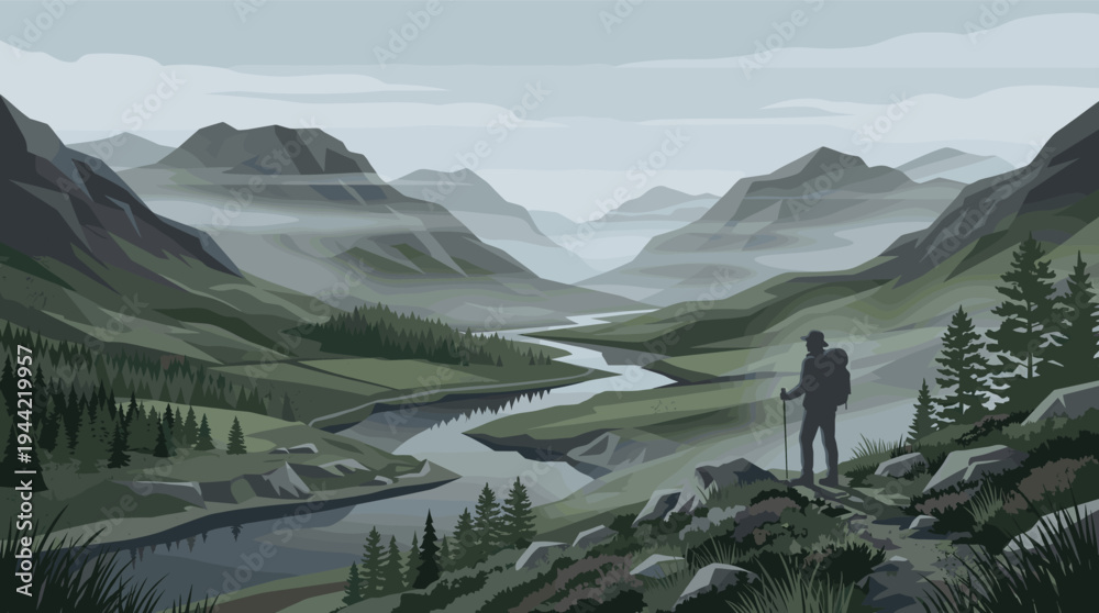 Obraz premium A hiker silhouette with backpack and stick views a winding river through a misty valley of green mountains, creating a sense of adventure and solitude.