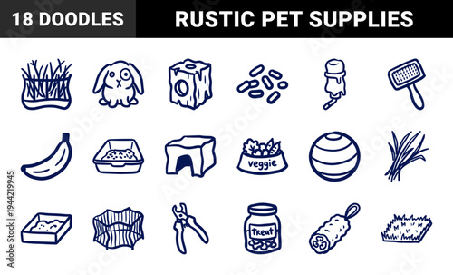 Rabbit care and pet supply elements for domestic animal branding. Hand-drawn naive marker sketch illustrations featuring bunny husbandry equipment.