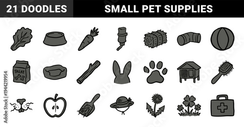 Hand-drawn rabbit care and small pet supplies for organic brand identity. Naive marker sketch illustrations featuring bunny husbandry concepts.