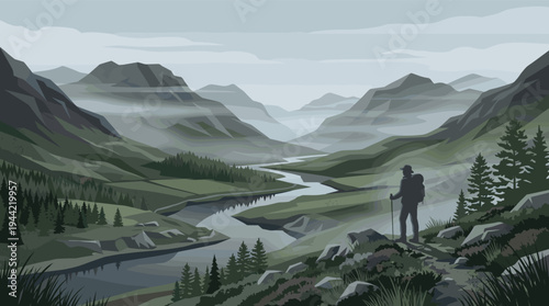 A hiker silhouette with backpack and stick views a winding river through a misty valley of green mountains, creating a sense of adventure and solitude.