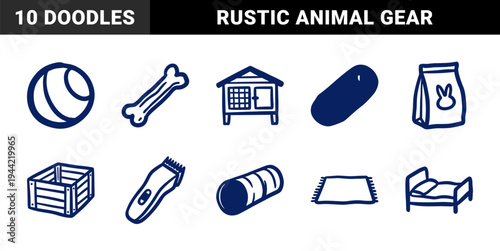Hand-drawn pet care and animal welfare elements for organic branding. Rustic naive marker sketch illustrations featuring domestic pet supplies.