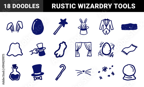 Hand-drawn magic show and circus elements for mystical brand identity. Rustic, naive marker sketch illustrations featuring magician tools and wizardry concepts.