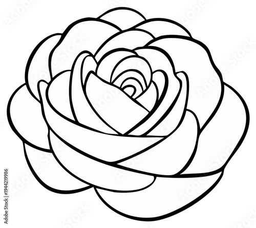 Black and white outline drawing of a rose flower head with layered petals