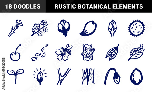 Hand-drawn botanical and garden elements for organic branding. Rustic naive marker sketch illustrations featuring spring growth and nature concepts.