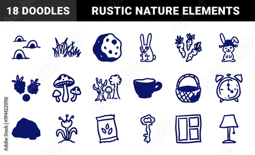 Hand-drawn rustic garden and nature elements for organic brand identity. Naive marker sketch illustrations featuring rabbits, plants, and cozy home items.