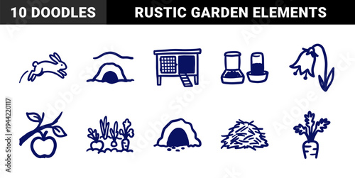 Rabbit care and organic gardening elements in a naive marker sketch style. Rustic hand-drawn icons for pet ownership and backyard farming concepts.