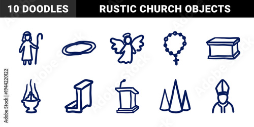 Christian and Catholic church elements for religious identity. Naive marker sketch illustrations featuring angel, rosary, and priest concepts.