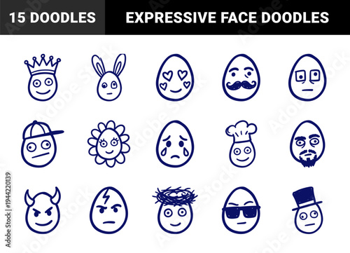 Hand-drawn egg character avatars with diverse expressions and costumes. Rustic naive marker sketch illustrations for playful branding and social media.