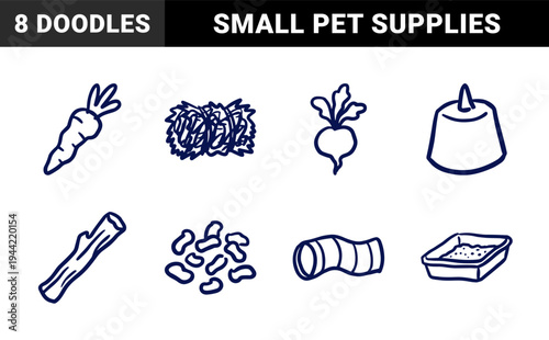 Hand-drawn rabbit care and small pet supply elements for animal welfare branding. Naive marker sketch illustrations featuring hay, treats, and toys.