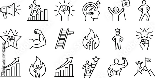 Motivation success line icons set, achievement growth leadership strength goal progress mindset inspiration outline vector collection business development concept