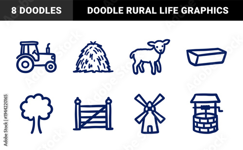 Rustic hand-drawn farm and countryside elements for organic branding. Naive marker sketch illustrations featuring agriculture and rural life concepts.