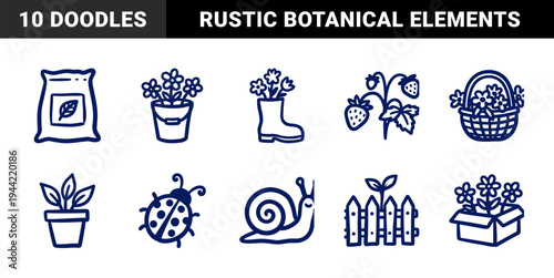 Hand-drawn gardening and horticulture elements for organic branding. Rustic naive marker sketch illustrations featuring spring planting and backyard growth concepts.