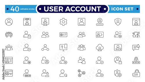 User account outline icon set. Containing profile, password, login, username, avatar, connect, add friend, and more. Outline vector icons collection. Editable stroke outline icon.
