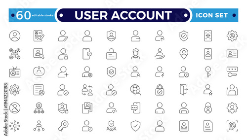 User account outline icon set. Containing profile, password, login, username, avatar, connect, add friend, and more. Outline vector icons collection. Editable stroke outline icon.
