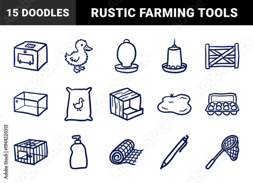 Hand-drawn poultry farming and duckling care equipment for organic agriculture. Rustic naive marker sketch of duck raising supplies.