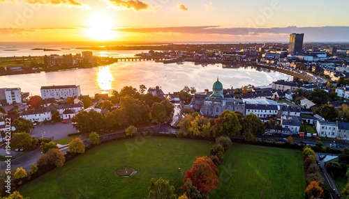Galway city at sunset, Ireland; a stunning aerial view showcases the city's allure