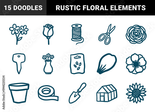 Hand-drawn gardening and floral elements for organic brand identity. Rustic, naive marker sketch illustrations featuring botanical and horticulture concepts.