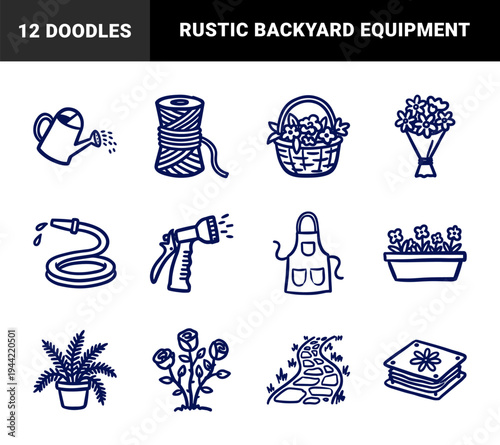 Hand-drawn gardening and horticulture elements for organic branding. Rustic, naive marker sketch illustrations featuring backyard planting and florist tools.