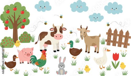 Cute Farm Animals Vector Scene with Cow, Pig, Goat, Chicken, Rabbit and Apple Tree Cartoon Countryside Illustration