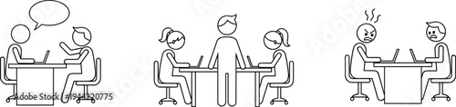 Office meeting line icons set, teamwork discussion conflict scenes, business communication workplace situations, simple outline vector illustration pack