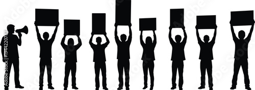 Protest people silhouettes set, activists holding banners demonstration crowd, social protest movement, strike rally protestors vector illustration pack