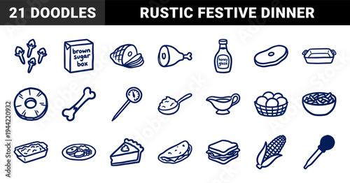 Traditional holiday glazed ham dinner and cooking elements featuring rustic hand-drawn food preparation and festive meal course illustrations.