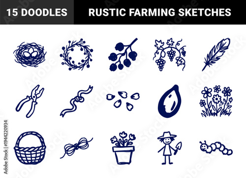 Hand-drawn gardening and nature elements for organic brand identity. Rustic, naive marker sketch illustrations featuring backyard farming concepts.