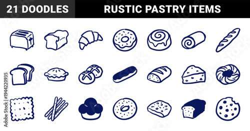 Hand-drawn bakery and breakfast elements for rustic brand identity. Naive marker sketch illustrations featuring bread, pastries, and kitchen appliances.