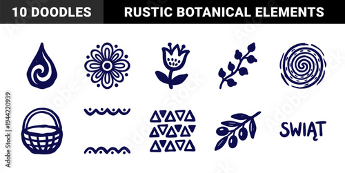 Folk art inspired botanical and nature elements for rustic branding. Naive hand-drawn floral, leaf, and geometric symbols with a crude marker sketch aesthetic.