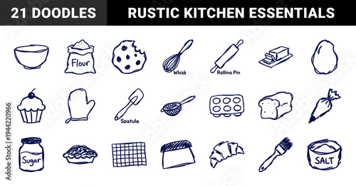 Hand-drawn baking and pastry preparation elements for culinary branding. Rustic naive marker sketch illustrations featuring kitchen tools and baked goods.