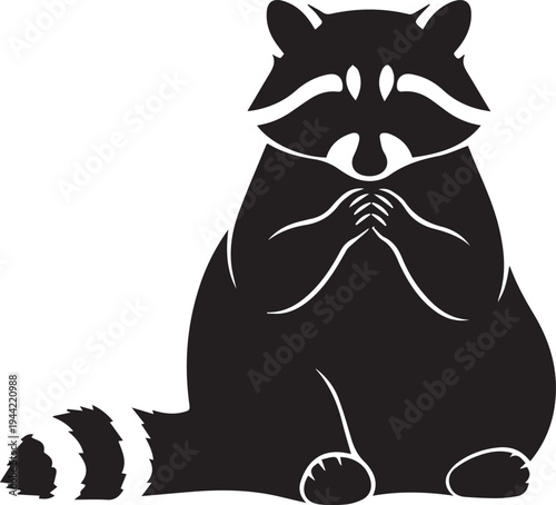 Black and white illustration of a cute raccoon sitting with hands together