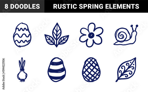 Hand-drawn spring garden and Easter elements featuring naive marker sketches of eggs, flowers, and insects for rustic organic branding.