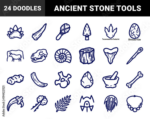 Prehistoric archaeology and paleontology doodles featuring dinosaur fossils and primitive stone age tools. Crude marker sketch aesthetic for educational museum branding.