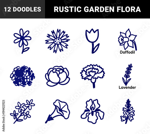 Hand-drawn botanical sketches for rustic branding and organic floral patterns. Naive marker doodle illustrations of garden flowers and wildflowers.