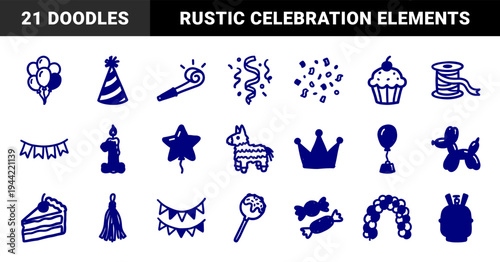 Hand-drawn birthday and celebration elements for festive brand identity. Naive blue marker sketch illustrations featuring party planning concepts.