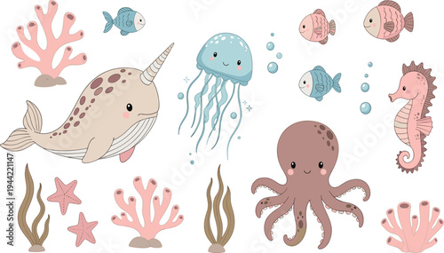 Cute Ocean Animals Vector Set with Narwhal, Jellyfish, Octopus, Seahorse, Fish and Coral Cartoon Marine Life Illustration