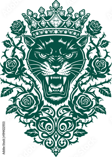 Royal Panther Queen Crown Roses Silhouette