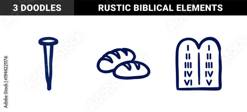 Hand-drawn religious and biblical symbols in a rustic blue marker sketch style featuring the Ten Commandments, bread loaves, and a crucifixion nail.