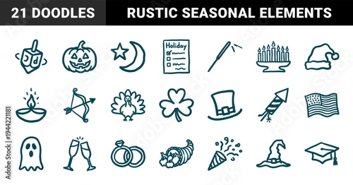 Hand-drawn holiday and seasonal celebration elements featuring festive doodles. Rustic naive marker sketch illustrations for calendar events and greeting cards.