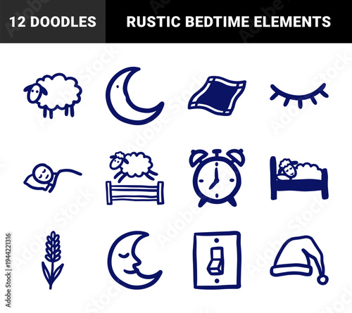 Hand-drawn sleep and bedtime elements for cozy brand identity. Rustic, naive marker sketch illustrations featuring midnight rest and relaxation concepts.
