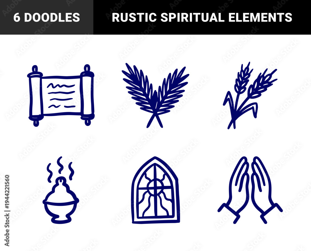 Fototapeta premium Hand-drawn religious and spiritual symbols for organic brand identity. Rustic, naive marker sketch illustrations featuring sacred traditions.