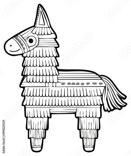 Line art of a traditional fringe horse pinata decoration party game for coloring activity