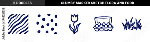 Hand-drawn spring nature and organic farming elements for rustic brand identity. Naive marker sketch illustrations featuring tulips, grass, and fresh eggs.