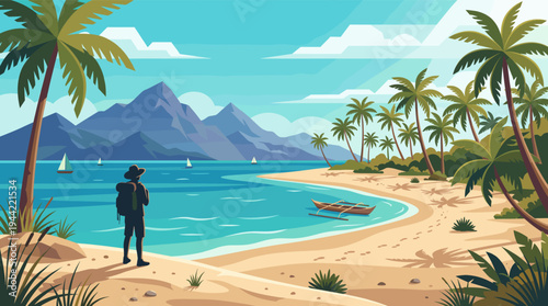 Silhouette of backpacker overlooking tropical island beach with turquoise water, white sailboats and mountains, evoking vacation and adventure vibes in flat vector illustration.