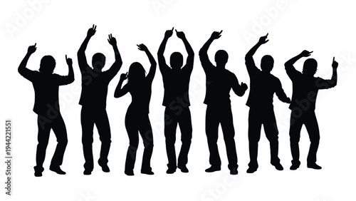 A group of people dancing in unison with raised arms in a joyful celebratory atmosphere with energetic movements and lively poses