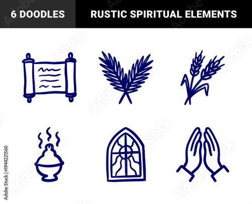 Hand-drawn religious and spiritual symbols for organic brand identity. Rustic, naive marker sketch illustrations featuring sacred traditions.