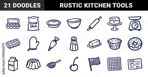 Hand-drawn baking and pastry preparation elements for rustic kitchen branding. Naive marker sketch illustrations featuring culinary tools and dessert ingredients.